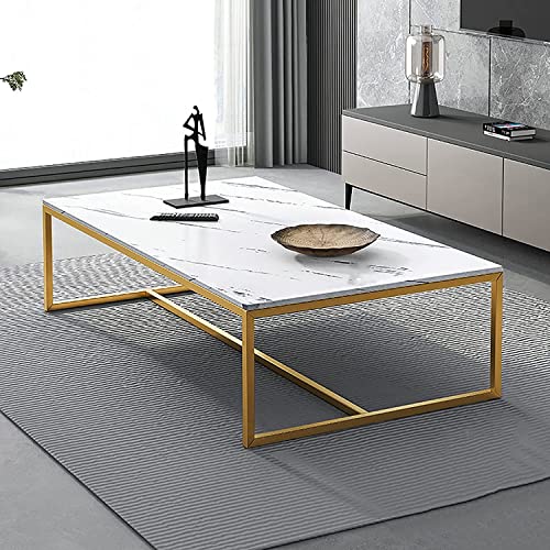 Couchtisch, offener rechteckiger Tisch, Couchtisch aus Kunstmarmor mit Metallrahmen, Mitteltisch für Wohnzimmer oder Empfangsraum (Farbe: Weiß + Gold, Größe: 120 x 60 x 42 cm) von GLMGBP