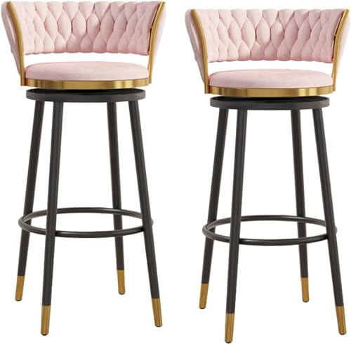 GLMGBP Luxuriöse Barhocker mit Drehfunktion aus Samt, 2er-Set, Stühle in Thekenhöhe mit gebogener, gewebter Rückenlehne und Fußstütze, Sitzfläche aus rosa Samt, Beine aus schwarzem Metall, ideal fü von GLMGBP