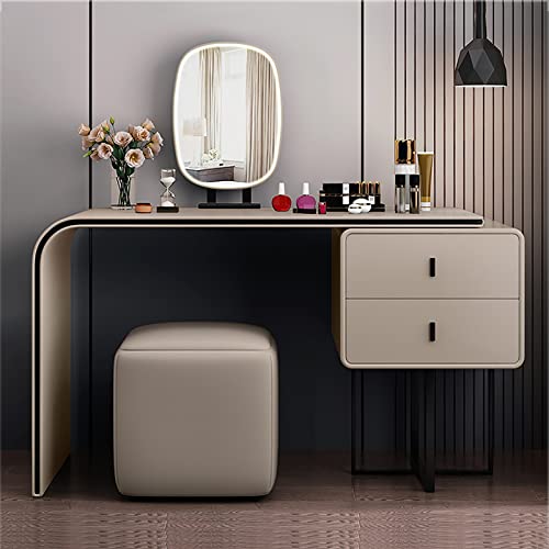 Moderner Schminktisch mit PU-Leder, Schminktisch mit Schubladen und verstellbarem Seitenschrank, Schminktisch mit 3-farbigem Lichtspiegel und gepolstertem Hocker (Farbe: Champagner, Größe: L von GLMGBP