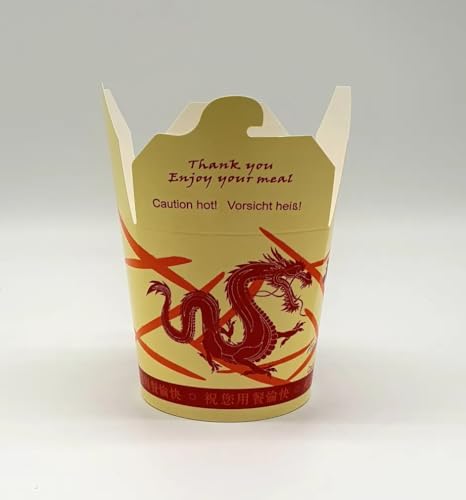 GLOBAL MASTER Asia Food Box AsiaBox mit Dragon Nudelbox Pappe Lunchbox Asia-Dragon-Box,50 Stück, 750ml, 26oz, rund, faltbar von GLOBAL MASTER