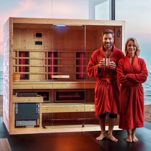 GLOBAL RELAX® | DHARANI Combi Infrarot- und Dampfsauna für bis zu 4 oder 5 Personen | Fichte I einstellbare Temperatur I LED I Infrarot 1500 W + Dampf 8000 W I 3D-Sound I entfernt Giftstoffe I von GLOBAL RELAX