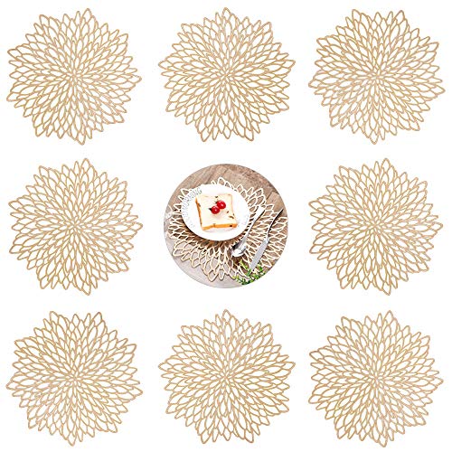 GLOBALDREAM Ausgehöhlte Runde Tischsets, 8 Stück Tischuntersetzer Platzset Tischset Vinyl Hohl Platzsets Abwischbar PVC Platzdeckchen für Küche, Zuhause, Speisetisch (Gold, 38cm) von GLOBALDREAM