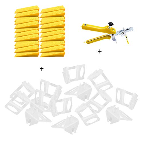 Globaldream Fliesen Nivelliersystem DIY Fliesen Nivellier Abstandshalter 1 MM - 100 Stück Nivellier Abstandshalter Clips plus 100 Stück wiederverwendbare Keile und 1 Fliesen-Zange (Gelb) von GLOBALDREAM