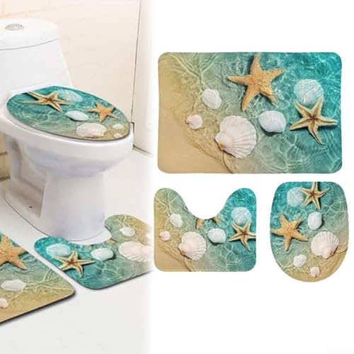 3-teiliges Badezimmerteppich-Set, Badezimmerteppich-Set, Seestern-Muschel-Konturmatte, WC-Deckelbezug, rutschfest, rutschfest, Badezimmer-WC-Vorleger von GLOBALHUT