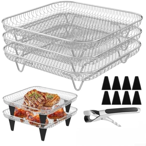 Air Fried Cooker Barbecue, Edelstahl Air Fryer Rack 8 Inch 3-Layer Stackable Dehydrating Stand With Heat Resistant Tongs For Kitchen Cooking von GLOBALHUT