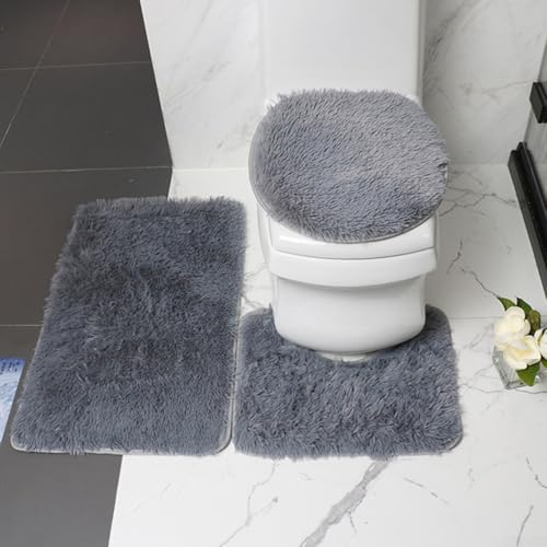 GLOBALHUT Weiches Mikrofaser-Badematten-Set, 3-teilig, rutschfest, saugfähig, Mikrofaser, maschinenwaschbar, Badteppich (grau) von GLOBALHUT