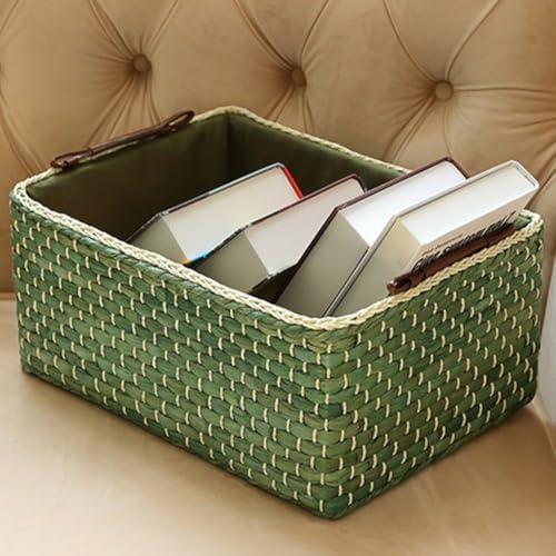 Natürlicher Stroh-Aufbewahrungsbox, dekorativer Korb-Behälter-Organizer, für Wohnzimmer, Couchtisch, Zuhause, Aufbewahrung, grün (klein) von GLOBALHUT