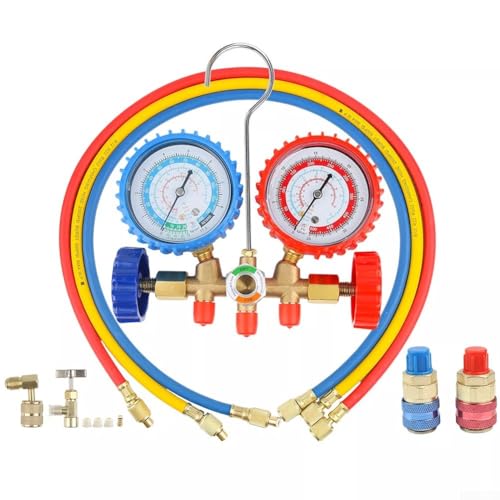 R12 R22 für R134A R502 Krümmermessgerät-Set, HVAC A/C Lade-Service-Kit, mit 3 Schläuchen, Schauglas, Schnellanschlüsse für Auto Home Klimaanlage von GLOBALHUT