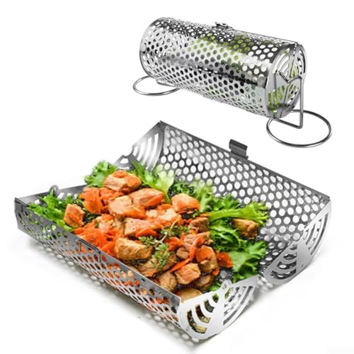 Rolling Grill Baskets, Circular Roller Barbecue, Stainless Steel Round BBQ Grill Basket Rotisserie Drum Cage With Hooks Forks For Outdoor Barbecue(L) von GLOBALHUT
