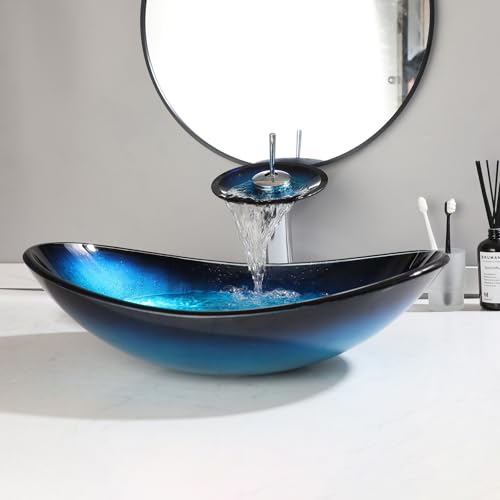 GLOBAOSALU Ovales blaues Glasbecken mit Wasserfall-Wasserhahn und Pop-Up-Ablaufgarnitur aus gehärtetem Glas, Waschbecken, Obermontage, Badezimmer-Waschbecken, Bootsform, Design Schüssel für Wohnung, GLOBAOSALU Ovales blaues Glasbecken mit Wasserfall-Wasserhahn und Pop-Up-Ablaufgarnitur aus gehärtetem Glas, Waschbecken, Obermontage, Badezimmer-Waschbecken, Bootsform, Design Schüssel für Wohnung, von GLOBAOSALU
