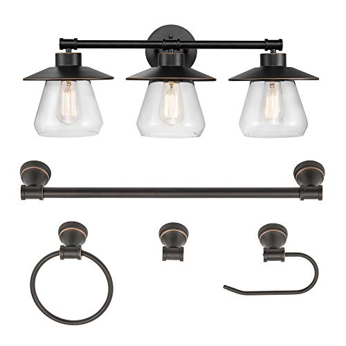 GLOBE Electric Nate 5-teiliges All-in-One Badezimmer Set Öl Rubbed Bronze 3 Schminklicht mit Klarglas Schirmen Bar Handtuchring Bademantelhaken Toilettenpapierhalter 51496 GLOBE Electric Nate 5-teiliges All-in-One Badezimmer Set Öl Rubbed Bronze 3 Schminklicht mit Klarglas Schirmen Bar Handtuchring Bademantelhaken Toilettenpapierhalter 51496 von GLOBE
