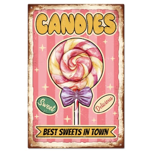 GLOBLELAND „Best In Town Sweet And Delicious Candies“ Metall Blechschild 8×12 Inch Pink Lollipop Retro Metallplakat Candies Kunst Blechschild für Süßwarengeschäfte Dessert Cafés Küchen Süße Boutiquen von GLOBLELAND