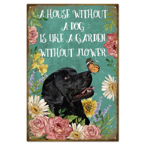 GLOBLELAND „Ein Haus Ohne Hund Ist Wie Ein Garten Ohne Blume“, Vintage Blechschild Mit Warnhinweis „Schwarzer Hund“ Aus Metall, 8×12Zoll, Retro Metallwand, Dekorative Blechschilder Für Zuhause, Hof von GLOBLELAND