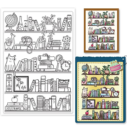 GLOBLELAND 1 Blatt Bibliothek und Bücherregale, transparenter Stempel, Bücherregal, Pflanze, Katze, Grußkarte, Silikon, klarer Stempel, Lesebuch, Gummistempel für Scrapbooking, Tagebuch, von GLOBLELAND