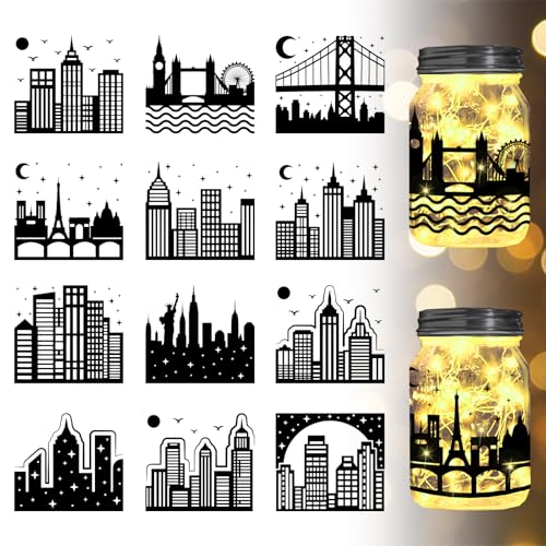 GLOBLELAND 12 Stück Stadtsilhouette Ausschnitte Für Gläser Stadtlandschaft Kunststoff Silhouette Wandaufkleber (Keine Aufkleber) Laternen Ausschnitte Für Fensterlampen Glasdekorationen Kunstwandbild von GLOBLELAND