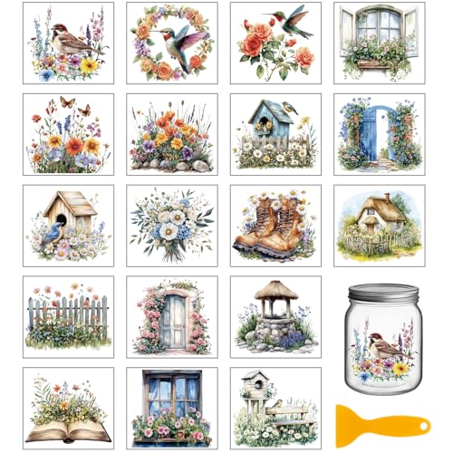 GLOBLELAND 18 Blatt Bunte Retro Blumen Vögel UV DTF Tasse Transfer Aufkleber 3.9x3.6 Zoll Garten DTF Transferaufkleber Möbel Großformat Transfers für Glasbecher Keraflott Möbel Glas Holz von GLOBLELAND