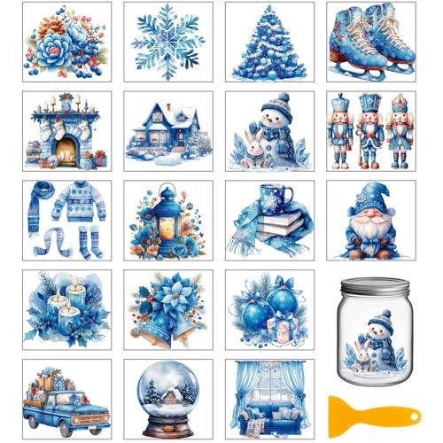 GLOBLELAND 18 Blatt Blaue Winter Elemente Rub On Sticker Weihnachts Schneemann Schneeflocken 3.9x3.6 Zoll Transferaufkleber Magische Märchen Rub On Folie Aufkleber Aesthetic Für Möbel Glas Holz von GLOBLELAND