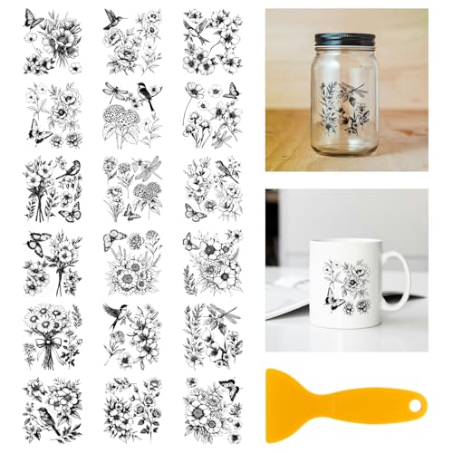GLOBLELAND 18 Blatt Blumen Vögel UV DTF Tasse Transfer Aufkleber 3.9x3.6 Zoll Pfingstrosen Schmetterlinge DTF Transferaufkleber Möbel Großformat Transfers für Glasbecher Keraflott Möbel Glas Holz von GLOBLELAND