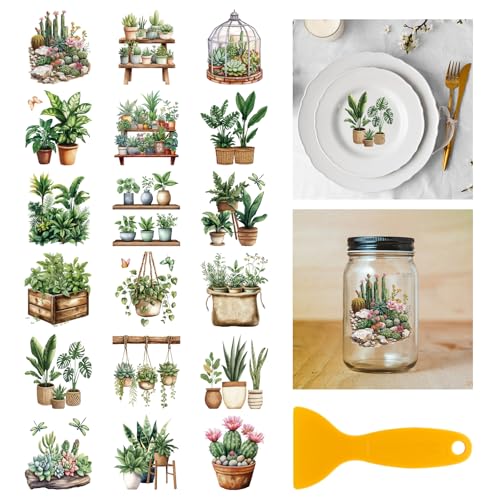 GLOBLELAND 18 Blatt Bunte Frühling Grüne UV DTF Tasse Transfer Aufkleber 3.9x3.6 Zoll Sukkulenten DTF Transferaufkleber Möbel Großformat Transfers für Glasbecher Keraflott Möbel Glas Holz von GLOBLELAND
