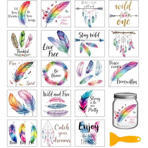 GLOBLELAND 18 Blatt Bunter Feder Transferaufkleber Zum Aufreiben Für Vasen 3.9x3.6 Zoll Inspirierende Worte UV DTF Cup Wraps Abziehbilder Traumfänger Transferaufkleber Für Möbel Glasflaschen Dekore von GLOBLELAND