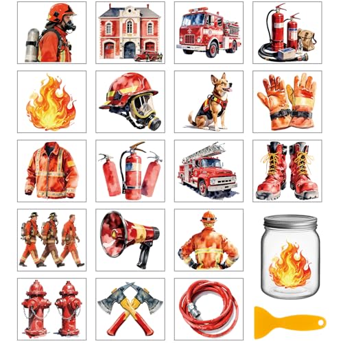 GLOBLELAND 18 Blatt Feuerwehrauto Transferfolien Zum Aufreiben Feuerwehrmann Wasserdicht UV DTF Cup Wraps Aufkleber 3.9x3.6 Zoll Feuerlöscher Transferaufkleber Für Wasserbecher Glasflaschen Vasen von GLOBLELAND