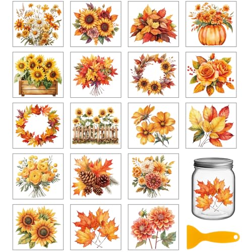 GLOBLELAND 18 Blatt Herbstblumen Abziehbilder Zum Aufreiben Zum Basteln Erntedankpflanzen Wasserdicht UV DTF Becherverpackungen Herbstblumen Und Blätter Aufkleber Für Wasserglas Flasche Vase Porzellan von GLOBLELAND