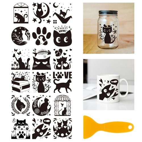 GLOBLELAND 18 Blatt Katzen Blumen UV DTF Tasse Transfer Aufkleber 3.9x3.6 Zoll Mond Stern DTF Transferaufkleber Möbel Großformat Transfers für Glasbecher Keraflott Möbel Glas Holz von GLOBLELAND