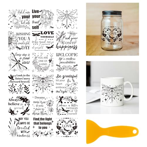 GLOBLELAND 18 Blatt Libelle Text UV DTF Tasse Transfer Aufkleber 3.9x3.6 Zoll Blumen Pflanzen DTF Transferaufkleber Möbel Großformat Transfers für Glasbecher Keraflott Möbel Glas Holz von GLOBLELAND