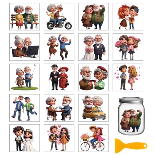 GLOBLELAND 18 Blatt Lustiger Transferaufkleber Mit Altem Paar Zum Aufreiben Für Vasen 3.9x3.6 Zoll Alltagsleben Eines Paares UV DTF Cup Wraps Süße Transferaufkleber Für Mann Und Ehefrau Für Möbel von GLOBLELAND