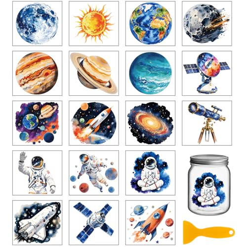GLOBLELAND 18 Blatt Sonne Und Mond Zum Aufreiben Erdraumschiff Wasserdicht UV DTF Cup Wraps Aufkleber 3.9x3.6 Zoll Satelliten Astronauten Transferaufkleber Für Wasserbecher Vasen Bastelarbeiten von GLOBLELAND