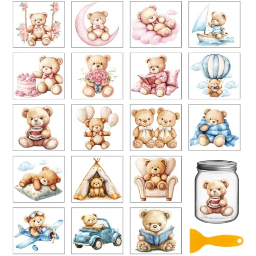 GLOBLELAND 18 Blatt Niedlich Bär Rub On Sticker Teddybär 3.9x3.6 Zoll Transferaufkleber Rub On Folie Aufkleber Aesthetic Für Möbel Glas Holz Fotoalbum DIY Aufkleberästhetik von GLOBLELAND