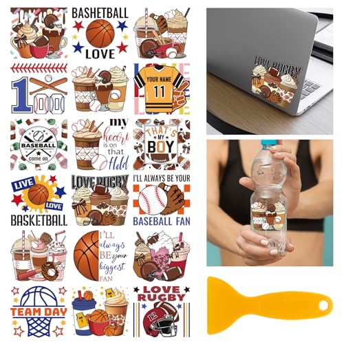 GLOBLELAND 18 Blatt Transferaufkleber Für Ballsportarten Und Getränke 3.9x3.6Zoll Basketball Und Baseball Aufkleber Zum Aufreiben Für Möbel Vasen Gläser Einmachgläser Dekorationen Kunsthandwerk von GLOBLELAND