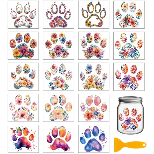 GLOBLELAND 18 Blatt Transferaufkleber Mit Hundepfotenabdrücken 3.9x3.6(1) cm Blumen Hundekrallen Aufkleber Buntes Wasserzeichen Zum Aufreiben Für Möbel Vasen Glas Einmachgläser Kunsthandwerk von GLOBLELAND
