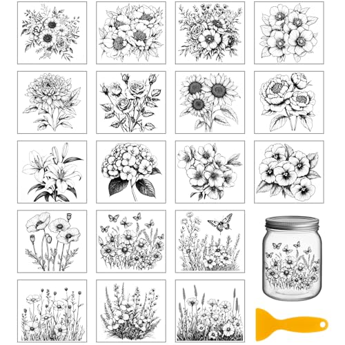 GLOBLELAND 18 Blatt Schwarz und Weiß Blumen Rub On Sticker Pfingstrosen Sonnenblumen Farbig 3.9x3.6 Zoll Transferaufkleber Rub On Folie Aufkleber Aesthetic Für Möbel Glas Holz DIY Aufkleberästhetik von GLOBLELAND
