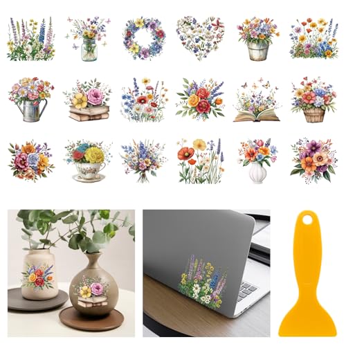 GLOBLELAND 18 Blatt Bunte Frühling Wildblumen UV DTF Tasse Transfer Aufkleber 3.9x3.6 Zoll Kranz Blumenstrauß DTF Transferaufkleber Möbel Großformat Transfers für Glasbecher Keraflott Möbel Glas Holz von GLOBLELAND