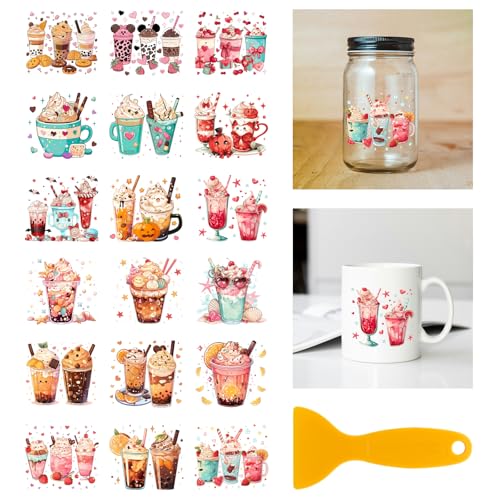 GLOBLELAND 18 Blatt Getränke Abziehbilder Zum Aufreiben 3.9x3.6Zoll Bunte Aufkleber Für Milch Tee Zuhause Kaffee Eisbecher Abziehbilder Für Möbel Vasen Glas Kunsthandwerk Dekorationen von GLOBLELAND