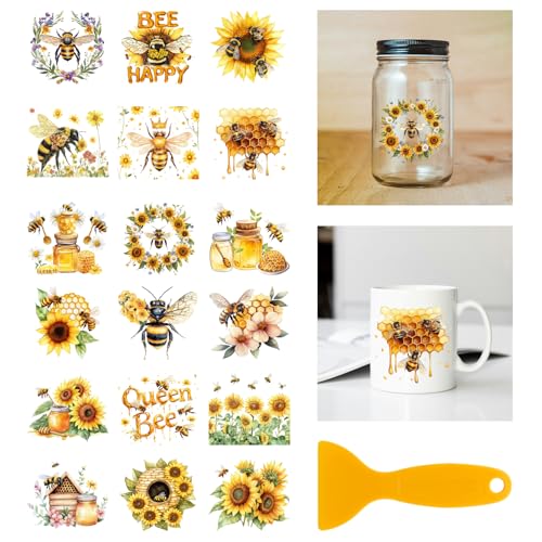GLOBLELAND 18 Blatt Transferaufkleber Mit Sonnenblume Und Biene 3.9x3.6 Zoll Honig Und Bienen Aufkleber „Bee Happy“ Zum Aufreiben für Möbel Vasen Glas Einmachgläser Dekorationen Kunsthandwerk von GLOBLELAND