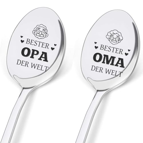 GLOBLELAND 2Stück Oma und Opa Geschenk, Kaffeelöffel Gravur, Löffel personalisiert, Beste Oma Opa Der Welt, Kaffeelöffel aus Edelstahl für Geburtstagsgeschenk Weihnachtsgeschenke Ostergeschenke 19 CM von GLOBLELAND