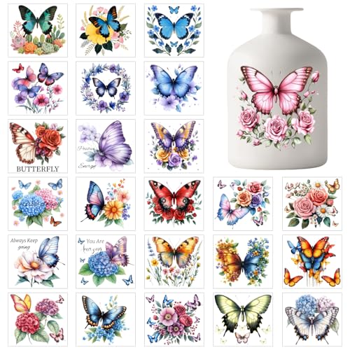 GLOBLELAND 25 Blatt Schmetterlingsblumen Bunte Einmachglas Aufkleber Rosen Und Hortensien Kunststoff Aufkleber Selbstklebender Laternenglas Aufkleber Für Fenster Lampen Gläser Tassen Vasen von GLOBLELAND