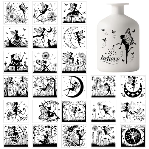 GLOBLELAND 25 Stück Feen Silhouette Aufkleber Für Einmachgläser Blumen Und Mond Silhouette Kunststoff Wandaufkleber Selbstklebende Laternenglas Aufkleber Fensterlampen Aufkleber von GLOBLELAND