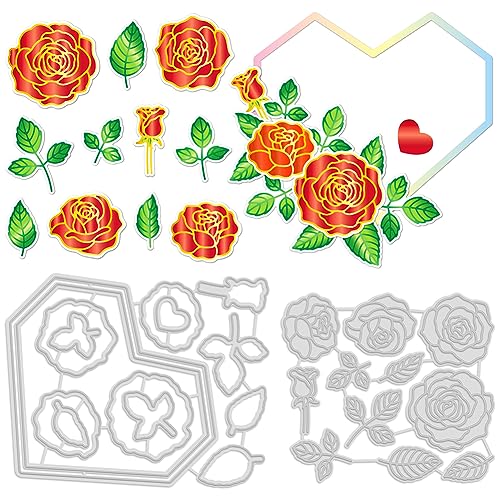 GLOBLELAND 25 Stück Rosen Rahmen, Heißfolienplatte Und Metall Stanzformen, Blumenvergoldungsplatte Und Prägeschablonen Set Für Papierkarten, Dekoration, DIY, Scrapbooking von GLOBLELAND