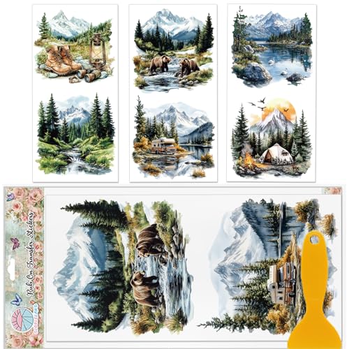GLOBLELAND 3 Stück Camping Landschaft Möbel Transfer 6x12 Zoll Bärenberg Fluss Rub On Transfer UV Selbstklebende Aufkleber Wandkunst Handwerk Für Möbel Zimmer Schreibtisch von GLOBLELAND