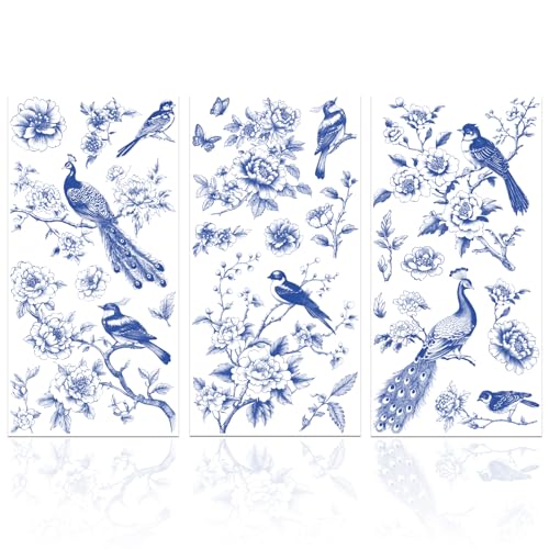 GLOBLELAND 3 Stück Möbeltransfer Aus Porzellan In Blau Und Weiß 6x12 Zoll Pfau Und Blumen Zum Aufreiben Selbstklebende Wandkunst Aufkleber Für Schlafzimmer Wohnzimmer Schreibtisch Tischdekoration von GLOBLELAND
