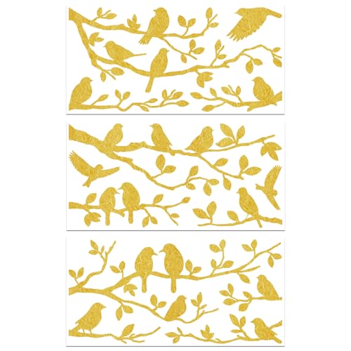 GLOBLELAND 3 Stück Goldene Vögel Und Zweige Silhouette Möbel Transfer 6x12 Zoll Rub On Transfer Selbstklebende Wandkunst Aufkleber Für Schlafzimmer Wohnzimmer Schreibtisch Tischdekoration von GLOBLELAND
