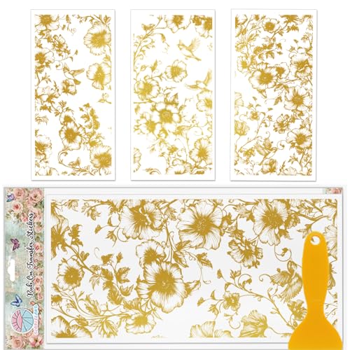 GLOBLELAND 3 Stück Möbeltransfer Mit Goldenen Blumen Und Vögeln 6x12 Zoll Frühlingsblumen Zum Aufreiben UV Selbstklebende Aufkleber Wandkunst Basteln Für Möbel Zimmer Schreibtisch von GLOBLELAND