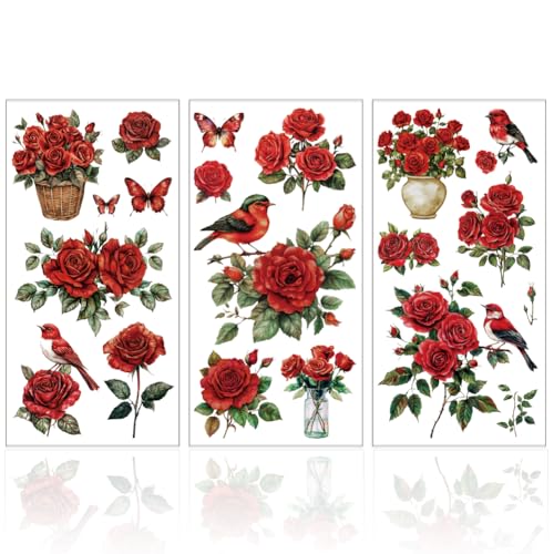 GLOBLELAND 3 Stück Möbeltransfer Mit Roten Rosen Und Vögeln 6x12(1) cm Vögel Und Blumen Zum Aufreiben Selbstklebende Wandkunst Aufkleber Für Schlafzimmer Wohnzimmer Schreibtisch Tischdekoration von GLOBLELAND