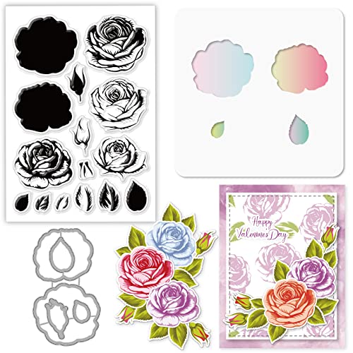 GLOBLELAND 3 Stück Valentinstag geschichtete Rosen Thema Silikon Klare Briefmarken Metall Stanzformen PET Handwerk Schablonen Vorlage für Kartenherstellung und DIY Prägung Scrapbooking Handwerk von GLOBLELAND