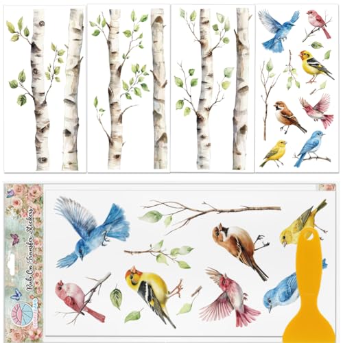 GLOBLELAND 4 Blatt Bunt Möbeltransfer Mit Birken Und Vogelmotiv 11.8x5.9Zoll Pflanzen Bäume Zum Aufreiben UV Selbstklebende Aufkleber Wandkunst Basteln Für Schlafzimmer Wohnzimmer Schreibtisch Tisch von GLOBLELAND