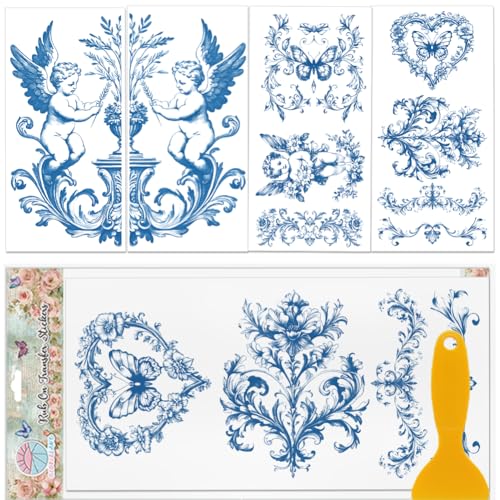 GLOBLELAND 4 Blatt Möbeltransfer Mit Blauen Vintage Mustern Bordüren 11.8x5.9 Zoll Amor Relief Schmetterling Zum Aufreiben Selbstklebende Wandkunst Aufkleber Für Schlafzimmer Wohnzimmer Schreibtisch von GLOBLELAND