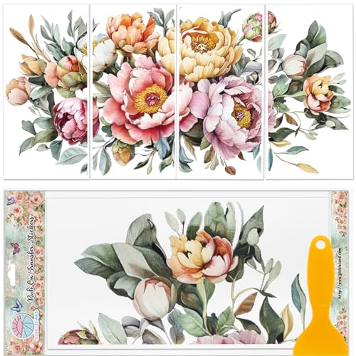 GLOBLELAND 4 Blatt Möbeltransfer Mit Frühlingspfingstrosen 11.8x5.9Zoll Vintage Blumen Zum Aufreiben UV Selbstklebende Aufkleber Wandkunst Basteln Für Schlafzimmer Wohnzimmer Schreibtisch Tisch von GLOBLELAND